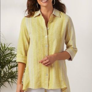 Soft Surroundings Livienne Yellow Striped Linen Button Down Collared Blouse S